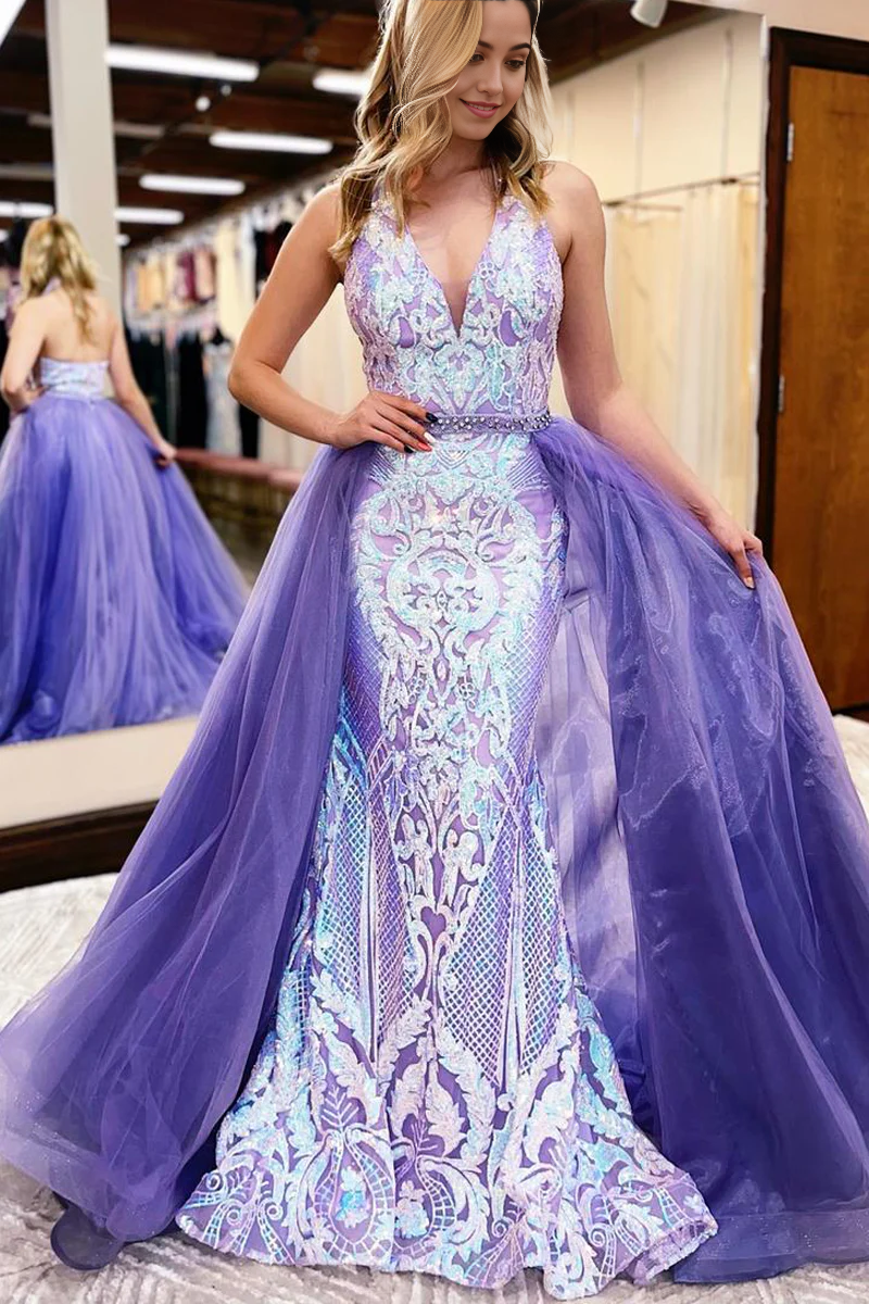 Mermaid Sparkly V Neck Lavender Sequins Lace Long Prom Dresses with Detachable Train
